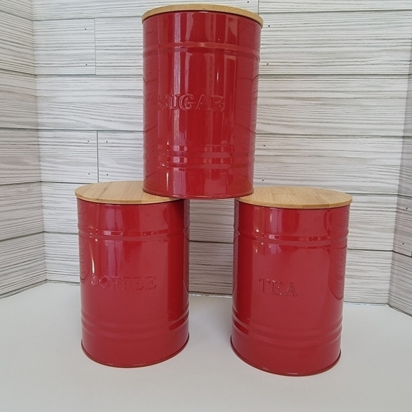 Tea Coffee Sugar Metal Canister Set with Bamboo Lids by Rayware Group NWT - Picture 1 of 10